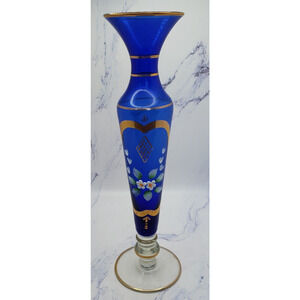 Glass Crystal Handpainted Blue 8 Inch Flower Vase With Gold Accents